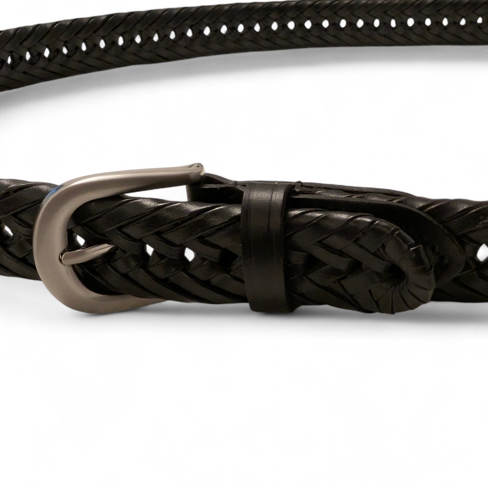 BLACK LEATHER Braided Belt Long Adjustable Silver Buckle XL 50" - Picture 11 of 12